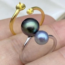 S925 Double Pearls Ring, Sterling Silver Adjustable Ring, Diy Ring Setting Base