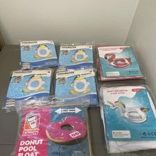 inflatable pool tubes 7 Float  lot Penguins, Unicorn, Flamingo, Dunkin Donut