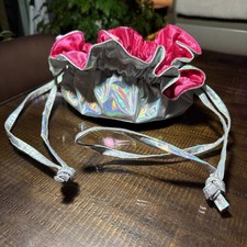 Jewelry Bag Travel Cinch Sack Metallic Silver  Pink Drawstring Vacation Pockets