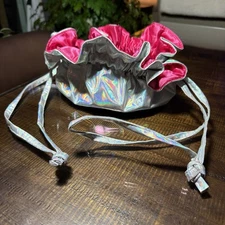 Jewelry Bag Travel Cinch Sack Metallic Silver & Pink Drawstring Vacation Pockets