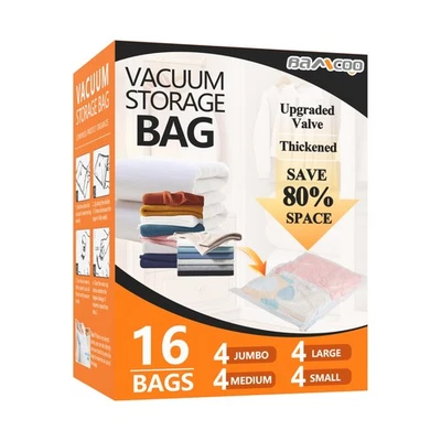 BAMCOO Vacuum Seal Bags for Clothing, Upgraded 16 Pack(4 Jumbo/4 Large/4 Medium/4 Sm...