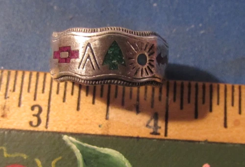 VINTAGE SOUTHWEST CAROLYN POLLACK STERLING SILVER RING INLAY PICT - O - GRAPH 11