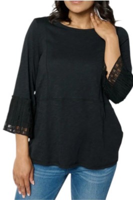 LOGO by Lori Goldstein Women's 3/4 Slv Scoop Neck Lace Slv Top Black