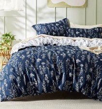 Queen Duvet Cover Set Navy Blue Reversible Floral Bedding 3pc 8 Tie Cover