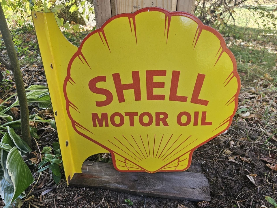 GRAN LETRERO DE BRIDA DE PORCELANA DE DOBLE CARA GASOLINA CONCHA AMARILLA VINTAGE 17"  Foto 3 de 4