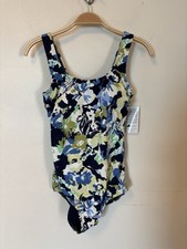 NEW Lands' End Tugless One Piece Swimsuit 8 Blue Floral Scoop Neck