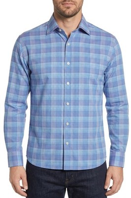 Ryan Kenny Mens Button Down Shirt Blue Small Plaid 100% Cotton Long Sleeve Casua