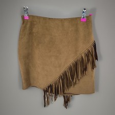 Boho Hippie Faux Suede Mini Skirt Tassels Sz S Festival Body con Lined Soft