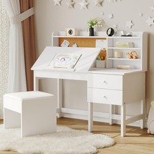 Kids Desk and Chair Set, Wooden Study Table with Adjustable Tilt Desktop Drawers