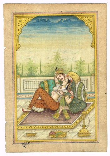 Indian Love Scene Painting Of Mughal Emperor Akbar & Jodha Bai 5.25x7.5 Inches - Picture 1 of 7