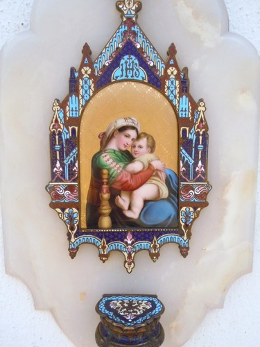 Benitier emaux cloisonne miniature Vierge Enfant Jesus Madone 19ème - Bild 2 von 12