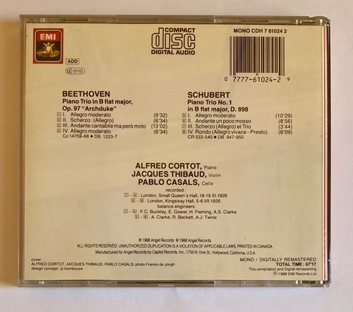 Beethoven / Shubert : Trios Cortot / Thibaud / Casals - Like New - Import - Rare - Imagen 2 de 2