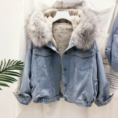 Lady Fleece Lined Denim Jacket Coat Warm Thicken Hooded Faux