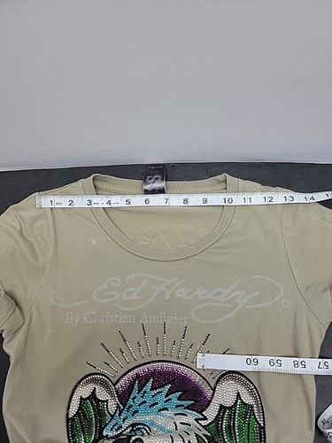 Ed Hardy by Christian Audigier Rhinestone Sage Green Vintage T Shirt Love Tattoo - Picture 18 of 20