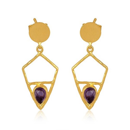 Natural Pear Cut Amethyst Yellow Gold Plated Kite Design Earring Gift for Sister - 第 1/6 張圖片