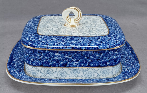 Royal Worcester W409 Blue Floral Chintz & Gold Bone China Sardine Box C. 1883