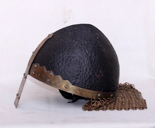 18GA Medieval Brass Emobosed Norman Viking Helmet With Chain mail Viking Helmet - Picture 2 of 7