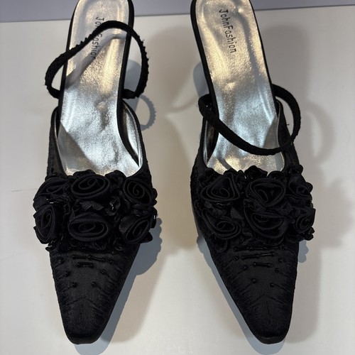 John Fashion Black Embroidered Beads Roses / Flowers Pump Heels Shoes Womens 11 - Picture 2 of 9