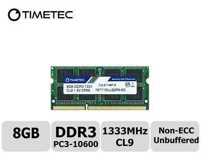 Timetec 8GB DDR3 1333MHz PC3-10600 Non-ECC 2Rx8 SODIMM Laptop Memory  RAM