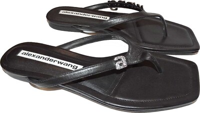 Alexander Wang Ivy Sandals Rhinestone Logo Thongs Black Leather 36