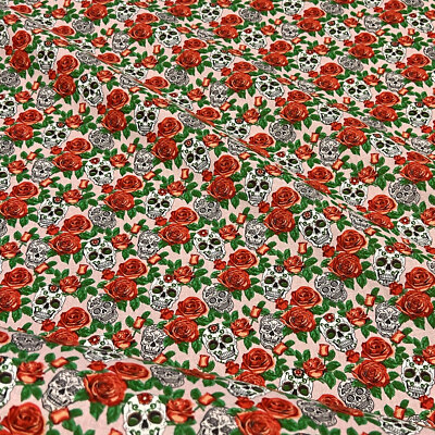Polsterstoff Totenkopf Stoff Meterware Stoff Baumwolle Rosa Rose