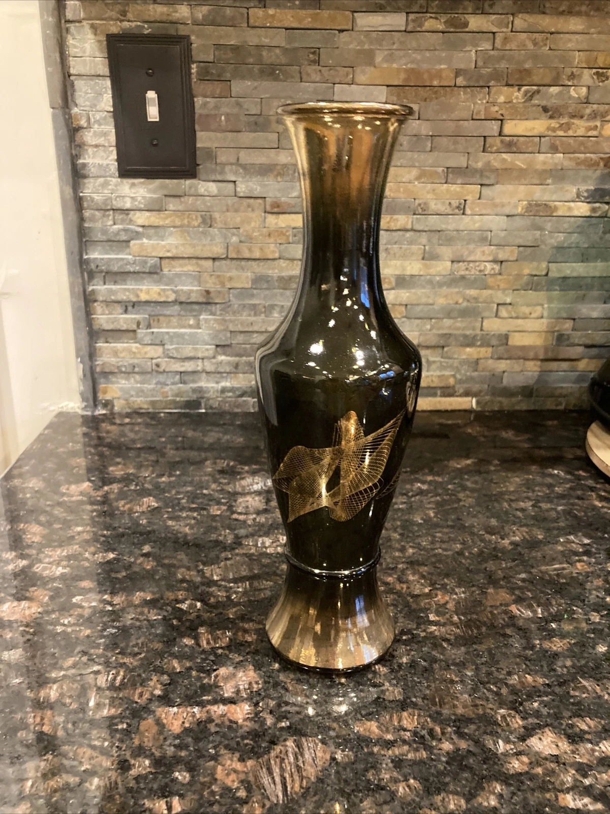 Midcentury Modern Green Smoked Glass Bud Vase Wheatonware MCM Atomic Gold 11”