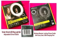 VIVITAR 18" Led Ring Light Set, 36" Tripod Stand, Tablet Phone Holder Remote New