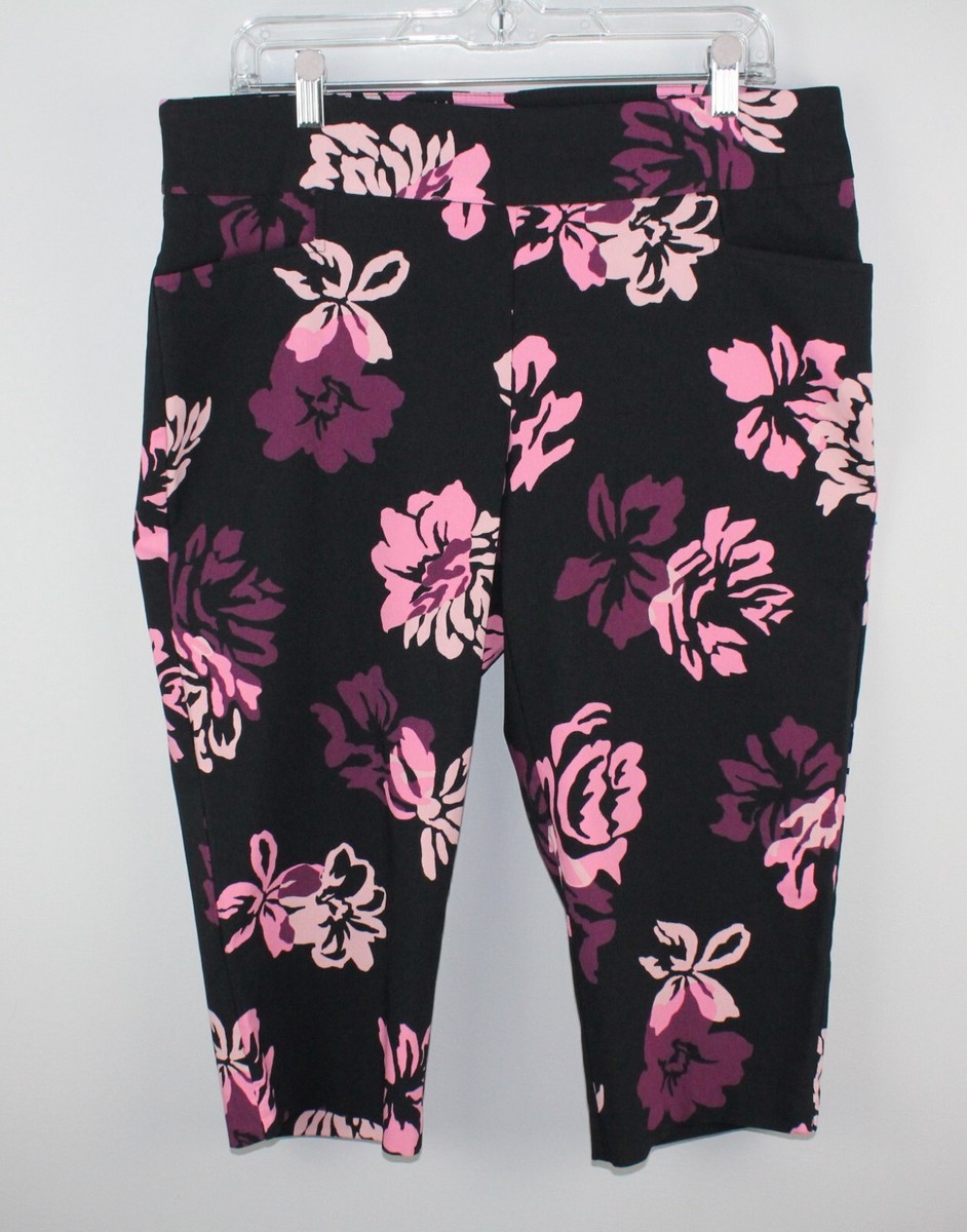 TERRA SKY Women's Black Floral Pull-on Capri Pants Sz OX (14W) Stretch  Pockets