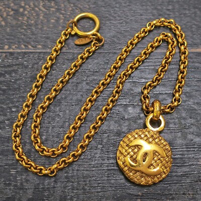 CHANEL Gold Plated CC Logos Round Charm Vintage Necklace Pendant