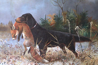 Ancient oil painting canvas landscape fox hunting dog Antikes Gemälde Malerei Öl - Bild 1 von 4
