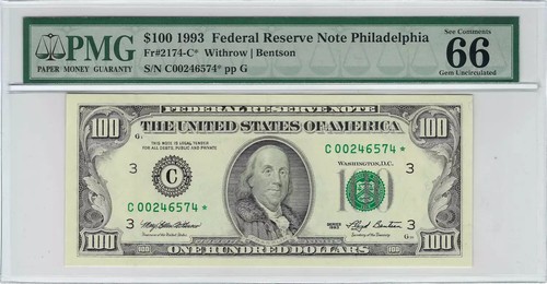 1993 $100 Small Size Federal Star Note, Withrow-Bentson, PMG Gem 66 EPQ