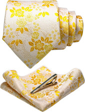 Floral Yellow Necktie and Pocket Square Tie Clip Sets for Men Yellow/Gold