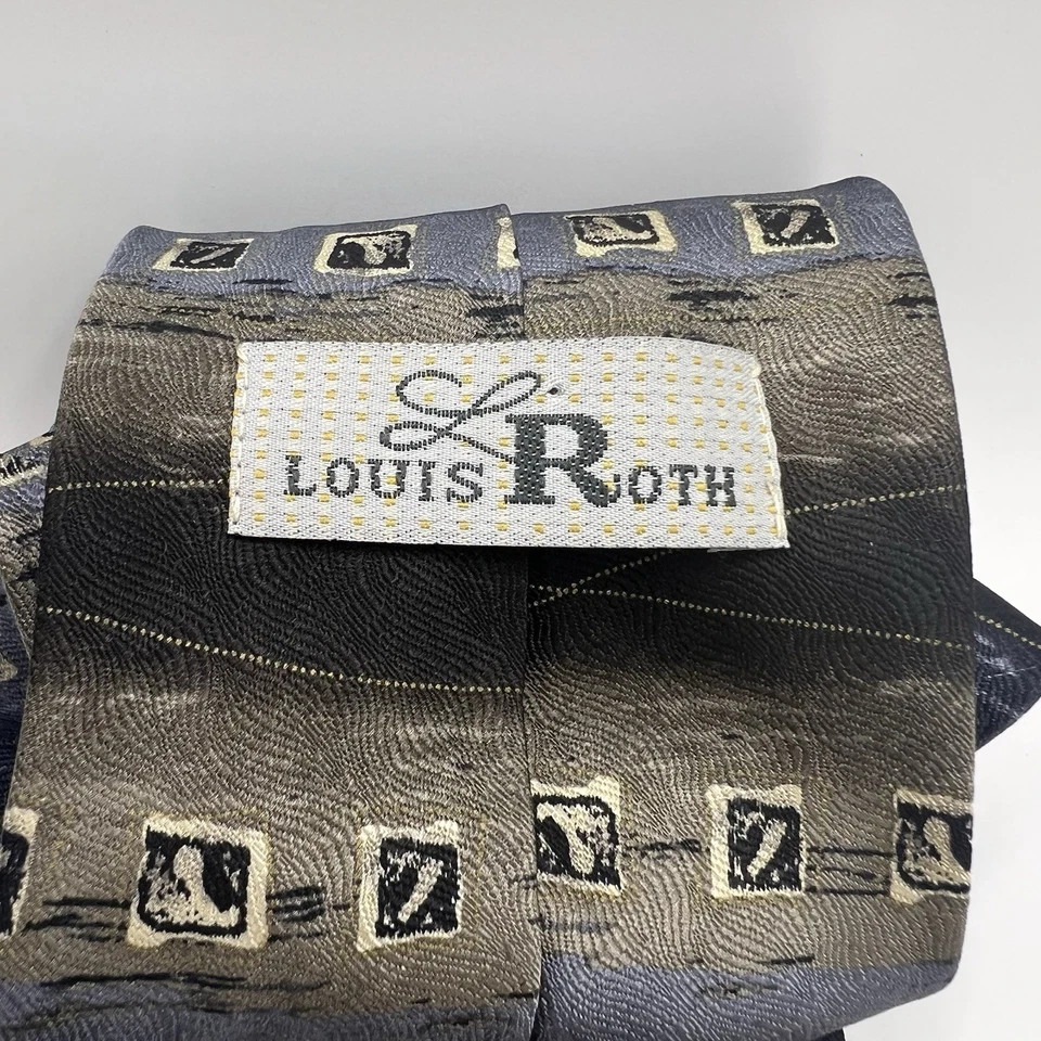 Corbata cosida a mano LOUIS ROTH 3,5" azul gris seda geométrica Foto 3 de 3