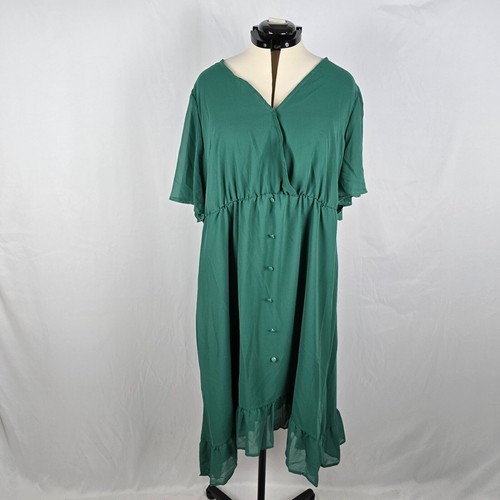 Bloomchic Dress Women's 3X Green Wrap V-Neck Ruffle Short Sleeve Buttons NWT