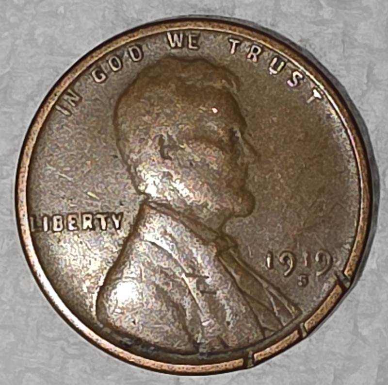 Gouges On Obverse & Reverse - 1919 S  Lincoln Wheat Penny Cent Coin Circulated 