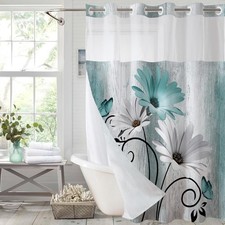 Teal Watercolor Floral Shower Curtain,No Hook Shower Curtain,72W x 75L Inch