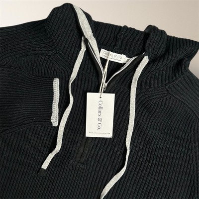 Collars & Co Mens 2XL Black Rib Knit Quarter Zip Hooded Sweater Cotton Cashmere