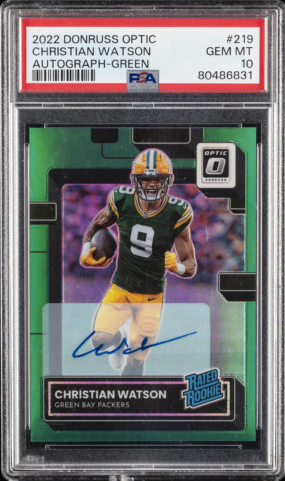 2022 PANINI DONRUSS OPTIC AUTO-GREEN #219 CHRISTIAN WATSON 2/5 PSA 10