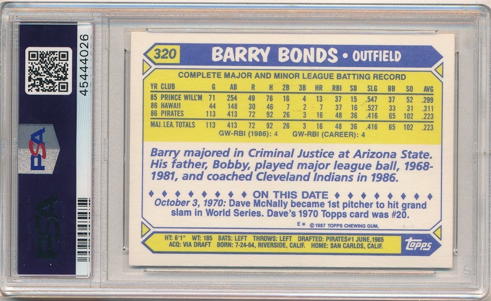 BARRY BONDS 1987 TOPPS TIFFANY #320 RC ROOKIE PITTSBURGH PIRATES PSA 8 NM-MT view 2
