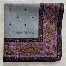 VTG Handkerchief Blue Gray Cotton Dots Border Paisley Floral Pocket Square 18" M