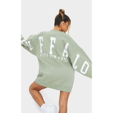 NWT Pretty Little Thing Sage Green Buffalo Slogan Sweatshirt Dress 2 Oversized