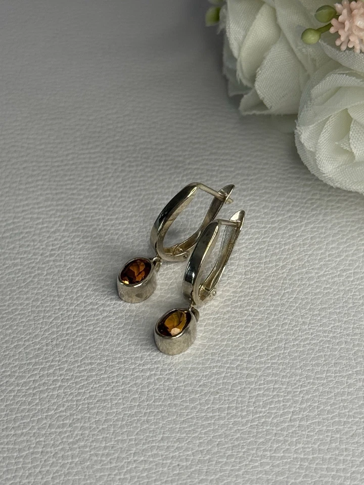 925 Sterling Silver Hessonite Earrings Length 1 Inch - Image 3 of 4