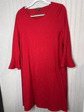 Lands' End Dress Womens L Red Bell Sleeve Scoop Neck Knit Stretch Shift