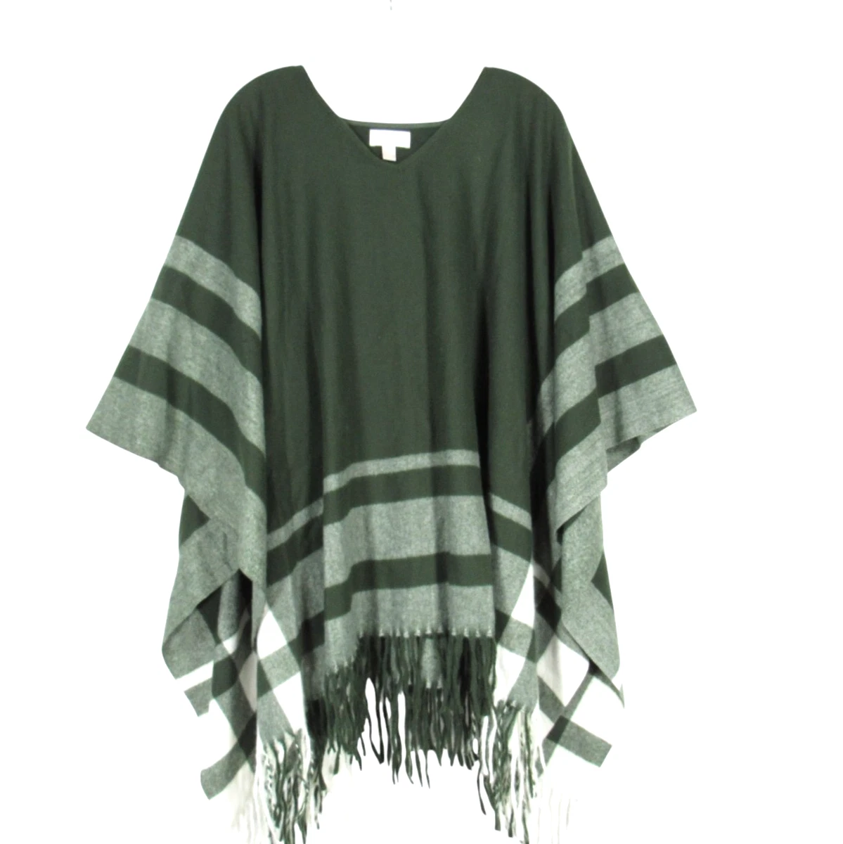 BELLE By KIM GRAVEL Green/White PLAID Fringe SOFT FLANNEL PONCHO Wrap Sz OS