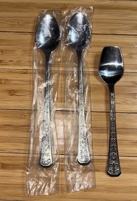 Vtg Interpur Florenz 8 Petal Stainless Japan Iced Tea Spoons NIP + Sugar Spoon