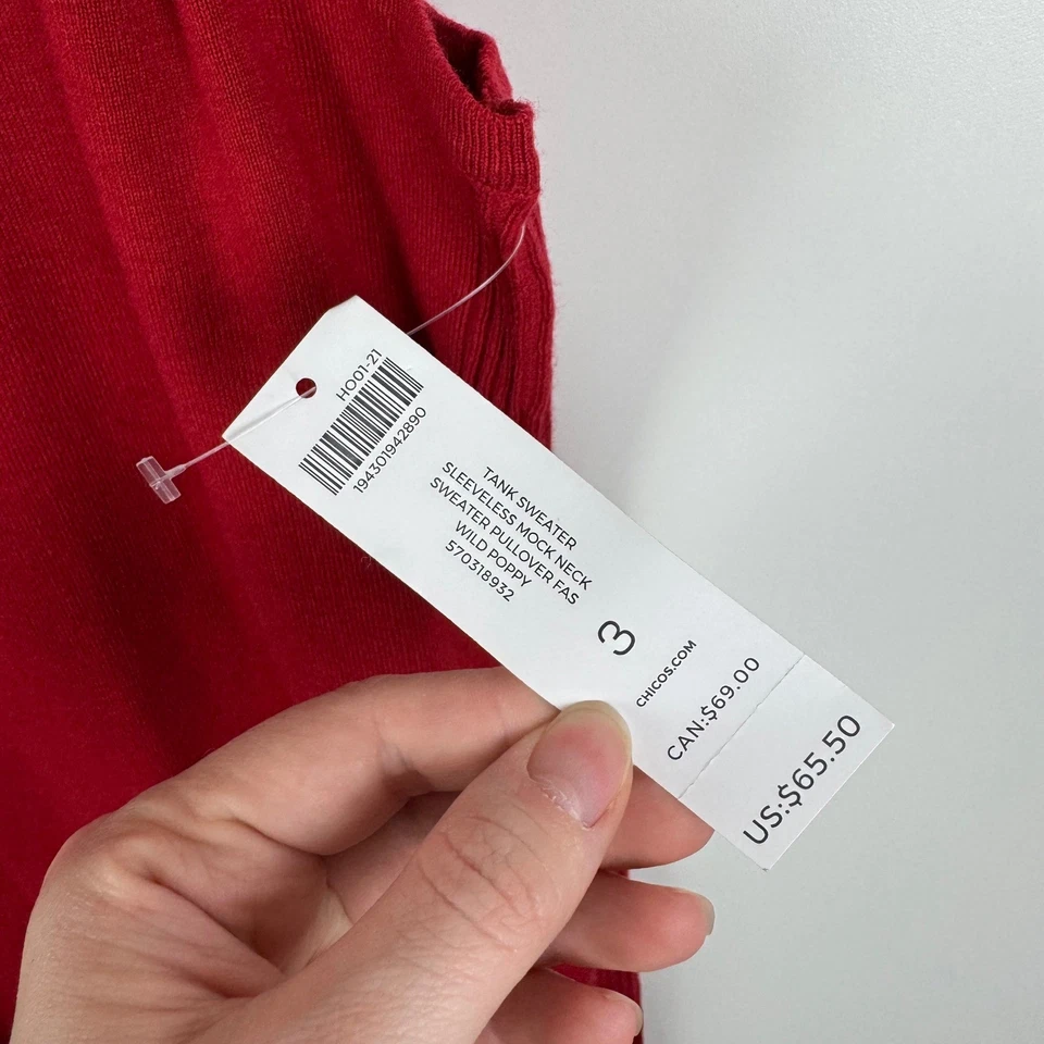 Nuevo con etiquetas Suéter sin mangas Chico's Wild Poppy rojo talla 3 XL mezcla de cachemir acogedor Foto 3 de 4
