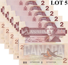 Canada 2 Dollars 1986 P 94c UNC Queen Elizabeth II 1/20 Bundle Lot 5 pcs