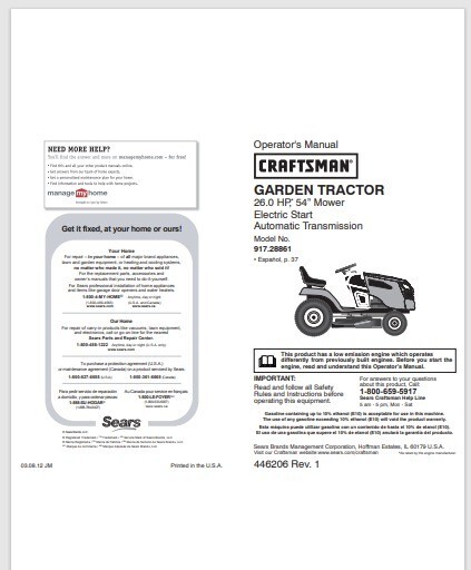 Craftsman tractor GT6000 Operator's Manual 36 pages 26 horse 54 inch ...
