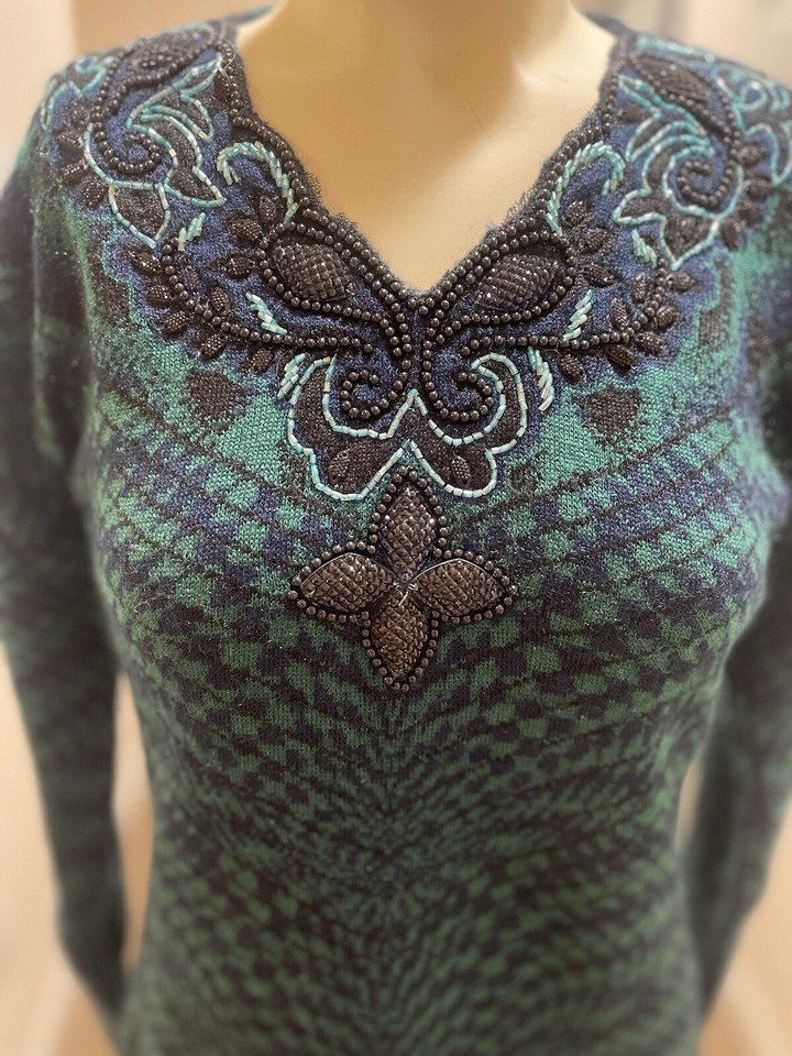Oster Sweater Dress Beading Geometric Emerald Green Side Slits