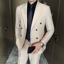 Men's Double Breasted Suit Coat Business Casual Wedding Suit Formal Blazer 2PCS